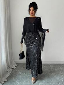 Rafferiza 优雅长款鱼尾下摆二合一AB拼接披肩针织网纱金箔针织面料秋冬黑色优雅女装优雅派对礼服女士优雅连衣裙闪亮亮片连衣裙女士亮片连衣裙时尚晚礼服黑色连衣裙女士优雅套装 - 黑色 - 查看 8