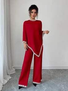 Elenzga 女士休闲宽松斗篷设计上衣和宽松撞色裤子针织两件套 - 紅色 - 查看 5