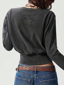 Bohemela Casual Solid Color Knit Crew Neck Long Sleeve Cropped Women Top - Black - View 7