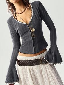 Bohemela Bluză casual pentru femei, din tricot solid, spălată, cu blocuri de culoare, potrivită pentru toamnă/iarnă, Halloween, festivaluri de muzică - Negru - Vizualizare 8