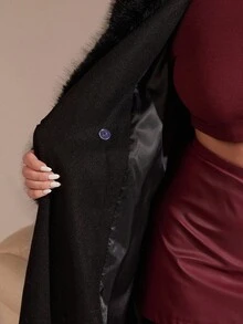 SHEIN BAE 大码优雅休闲长款人造毛皮纽扣系带长款羊毛混纺外套女士秋冬装 - 黑色 - 查看 8