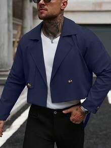 Manfinity Homme 男士前扣长袖口袋简约休闲风衣，外穿法兰绒短款风衣，适合送给朋友、老公、男朋友的礼物 - 藏蓝色 - 查看 5