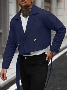 Manfinity Homme 男士前扣长袖口袋简约休闲风衣，外穿法兰绒短款风衣，适合送给朋友、老公、男朋友的礼物 - 藏蓝色 - 查看 8