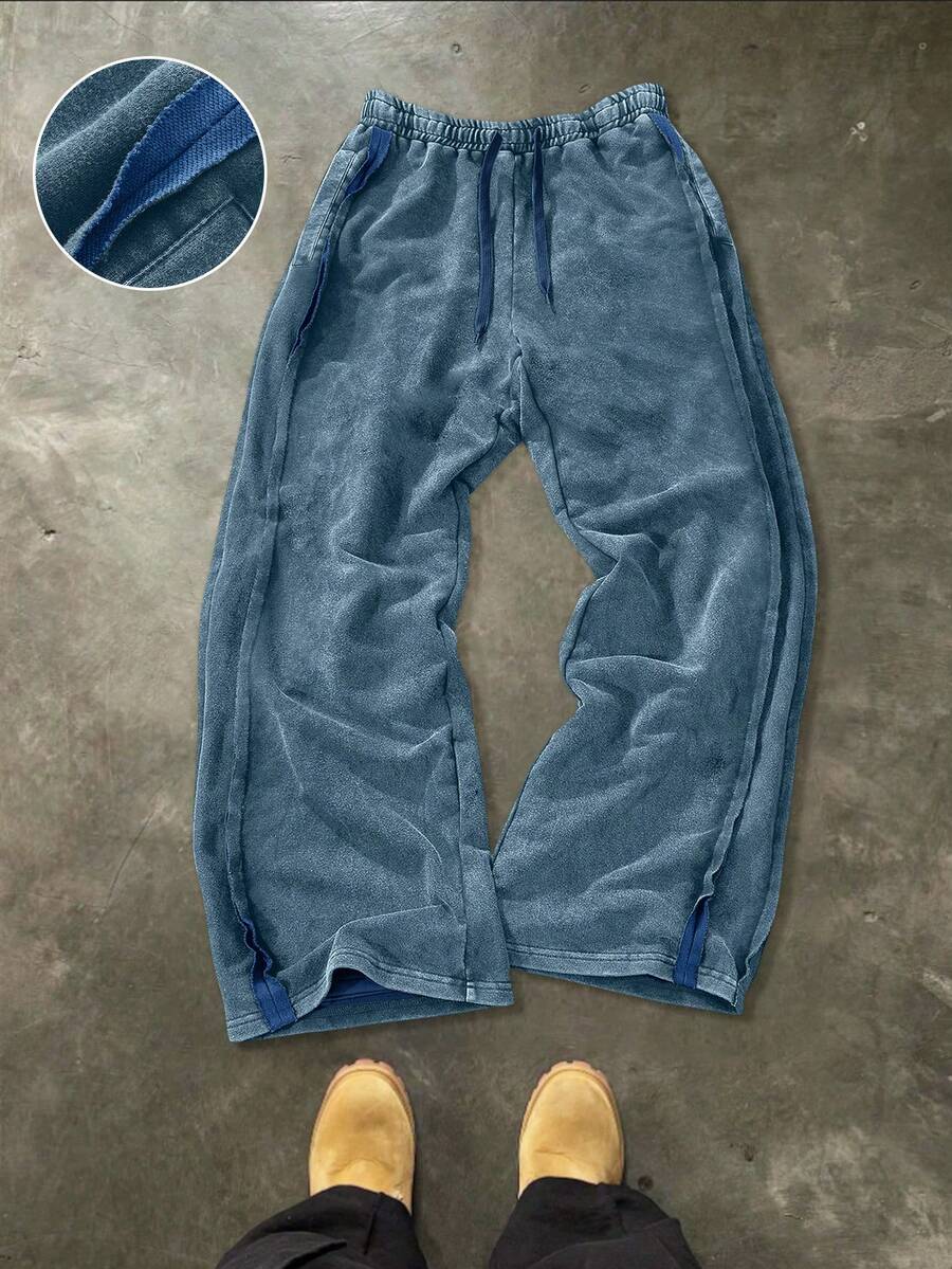 Manfinity EMRG Quần nỉ cotton dáng rộng thoải mái cho nam, phong cách đường phố, thiết kế tối giản, cạp chun, vải sờn, đa năng cho mặc hàng ngày, giải trí, thời trang, phong cách đường phố, thích hợp làm quà tặng ngày lễ - Màu xanh bụi bặm - Xem 1