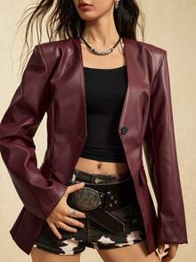 Easelle Women's Solid Color Long-Sleeved Fashionable PU Suit Jacket, Autumn Suit Jacket Button Autumn And Winter Outer Wear 2025pu Jacket - Burgundy - View 5