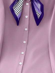 Resyla Áo sơ mi rộng rãi, cổ tròn, tay bồng, cài khuy đơn giản dành cho nữ - Màu tím - Xem 3