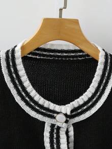 GlowEve 女士条纹长袖针织开衫和针织裤休闲两件套，秋冬 - 黑與白 - 查看 6