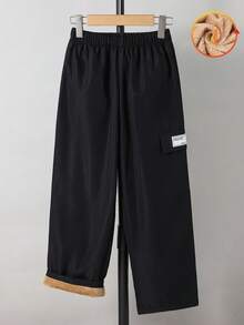 SHEIN 青少年男孩酷炫儿童休闲 3D 工装口袋织标抽绳宽松直筒裤