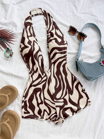 Soleia Women's Vacation White Knit Textured Wavy Pattern Deep V Neck Backless Sexy Bodysuit, Fashionable Fitted For Party, Date, Afternoon Tea, Boho Vacation, Beach, Summer Outfit