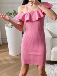 Teen Girls Asymmetrical Neck Ruffle Trim Rib-knit Dress - Pink - View 5