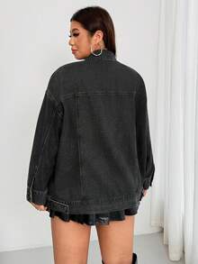 Enliva Melanieangelese Plus Size Women's Casual Washed Button-Up Loose Denim Jacket, Autumn, For Apple Rounded Body Shape
