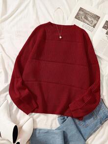 SHEIN EZwear Плюс суцільний весняний ребристий в'язаний светр - Червоний - Переглянути 1