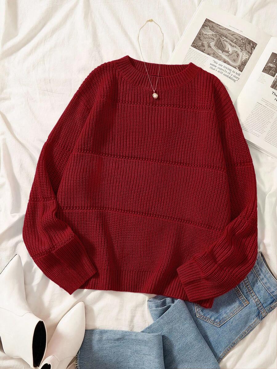 SHEIN EZwear Плюс суцільний весняний ребристий в'язаний светр - Червоний - Переглянути 1