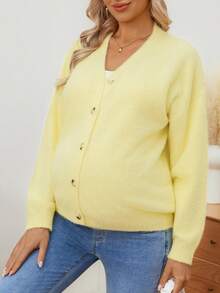 SHEIN Women Loose Fit Solid Color Button Front Short Knit Cardigan, Suitable For Pregnant Women, Autumn/Winter - Yellow - View 8