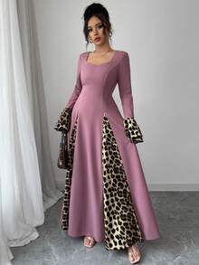 Modelyn 女式豹纹拼布喇叭袖连衣裙长款晚礼服 - 淺灰紫 - 查看 5