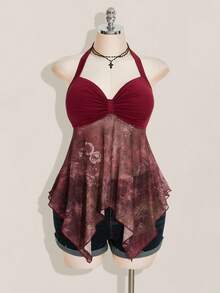 SHEIN ICON Áo kiểu nữ cỡ lớn họa tiết paisley xếp ly bất đối xứng cổ buộc dây, phối màu đỏ tía, thích hợp cho mùa thu. - Màu Đỏ Sâu - Xem 3