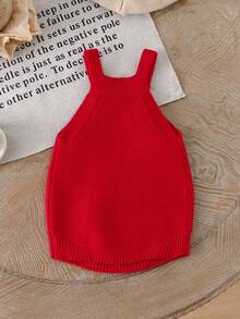 SHEIN Vintaside Kids 女婴字母图案纽扣设计休闲针织连体衣 - 紅色 - 查看 2