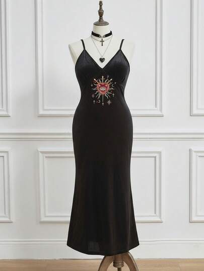 Goth Vestido de terciopelo retro con bordado de ojo y corazón misterioso, estilo gótico y talla grande, para Halloween