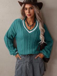 LanaWest Casual Contrast Color Trim Raglan Sweater, Autumn/Winter - Green - View 7
