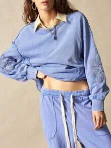 Bohemela Women's Casual Solid Color Knit Crew Neck Loose Washed Sweatshirt - Blue - View 2