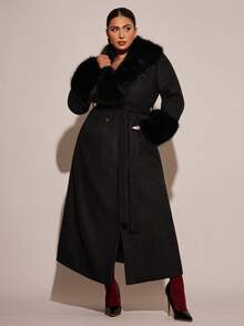 SHEIN BAE 大码优雅休闲长款人造毛皮纽扣系带长款羊毛混纺外套女士秋冬装 - 黑色 - 查看 5