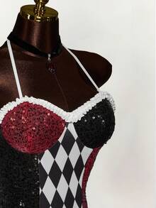 Amplova Đầm ngắn thời trang cổ yếm xếp nếp kim sa hình thoi màu tương phản dành cho nữ - Nhiều màu - Xem 5