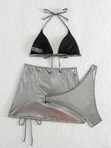 SHEIN X Hangout Fest SHEIN Swim Summer Beach Metallic Halter Triangle Bikini Set With Beach Skirt - Silver - View 2