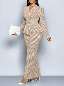 SOLERSUN 大码女装秋冬优雅条纹V领长袖T恤和阔腿裤两件套，不对称下摆两件套，休闲日常穿着，女装冬装女装秋装，包裹性，扭纹，腰带，黑白条纹提花纹理面料，日常穿着，通勤，购物 - 杏色 - 查看 8