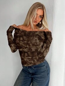 Aloruh 女士休闲优雅露肩褶饰修身长袖 T 恤，适合秋冬季，扎染印花 - 彩色 - 查看 4