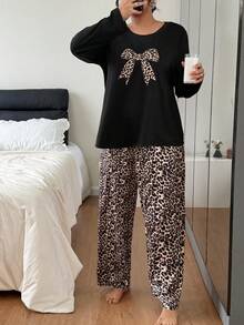 SHEIN Fashionable Leopard Print Bow Long Sleeve Thin PJS, Plus Size For Home Wear, Autumn/Winter Cheetah Print Bow PJS Leopard Pajamas Women, Cozy Outfit - Multicolor - View 6