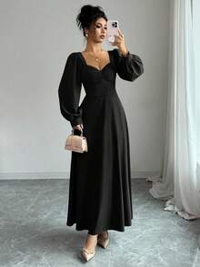 Elenzga 女士优雅方领泡泡袖收腰长裙，适合日常通勤 - 黑色 - 查看 6