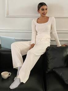DAZY Comfortable Textured Knit Women Lounge Set, Cozy Outfit Fall Winter Clothes - White - View 7