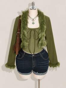 SHEIN ICON Áo khoác croptop buộc dây phía trước viền lông Y2k màu đen Plus dành cho nữ mùa thu đông - xanh quân đội - Xem 4