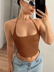 SHEIN ICON Sexy Solid Color Backless Halter Neck Top, Summer - Brown - View 1