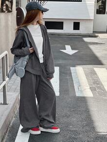 DAZY Teen Girls Thermal Lined Casual Loose Fit Solid Color Jacket Set, Autumn Hoodie - Grey - View 5