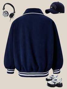 SHEIN Toddler Girls' Fashionable Casual Versatile Blue Jacket, Ribbed Cuffs & Hem, Long Sleeve, Collegiate Style Outerwear, Suitable For Autumn/Winter Outings, Suitable To Pair With Jeans, Sweatpants, Tops - Navy Blue - View 2