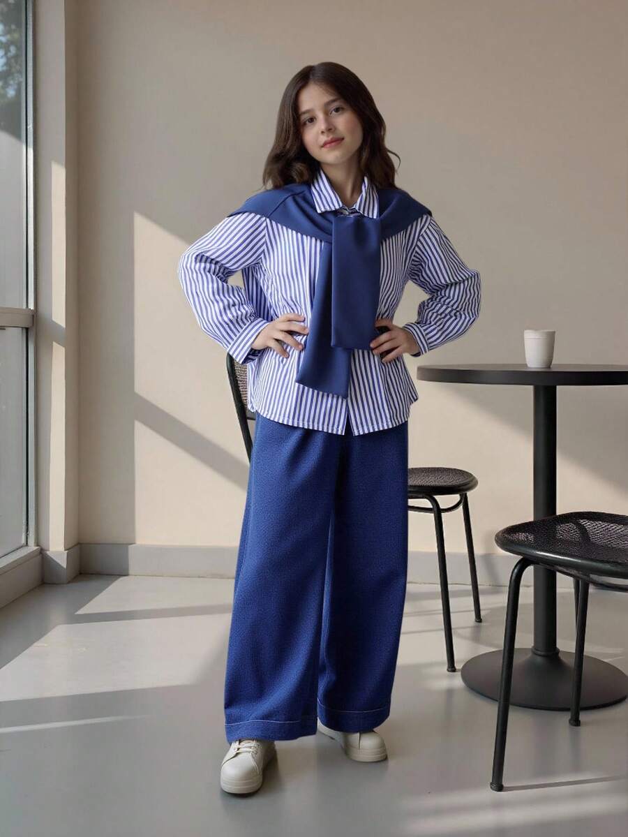 3 件套青少年女孩条纹长袖纽扣衬衫（可拆卸肩部）和宽松休闲牛仔裤套装，春夏装、假日、夏季、旅行 - 藍色 - 查看 1