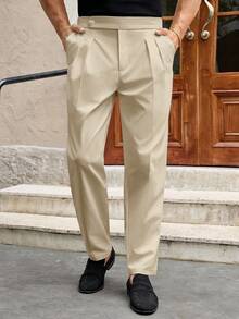 Manfinity BRENVOR 男士休闲弹力腰直筒梭织裤 米色男士长裤 男士正装裤 男士高腰裤 男士褶裥西装裤 米色男士长裤 - 卡其色 - 查看 4