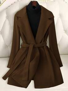 EMERY ROSE Women Solid Color Waist Belt Elegant Long Sleeve Overcoat, Autumn/Winter Black Coat Women - Coffee Brown - View 3