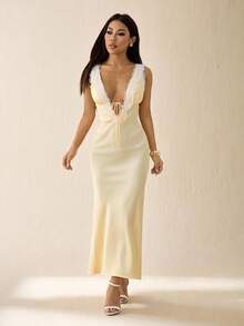 SHEIN PETITE Váy dài bằng vải satin giả satin cao cấp cho nữ, thích hợp cho ngày lễ tình nhân, váy dự tiệc, váy lễ hội âm nhạc, váy phù dâu cưới, váy dạ hội, váy ngày lễ, váy màu vàng, váy lót mùa thu đông, trang phục dự tiệc, trang phục hẹn hò - Màu vàng - Xem 6