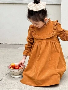 SHEIN Young Girls' Casual Ruffle Collar Long Sleeve Dress - Brown - View 5