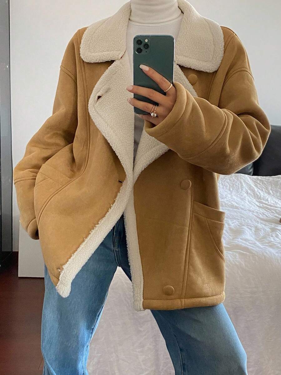 Livesso Áo khoác len cừu dáng rộng cổ bẻ mùa thu cho nữ - Màu Khaki - Xem 1