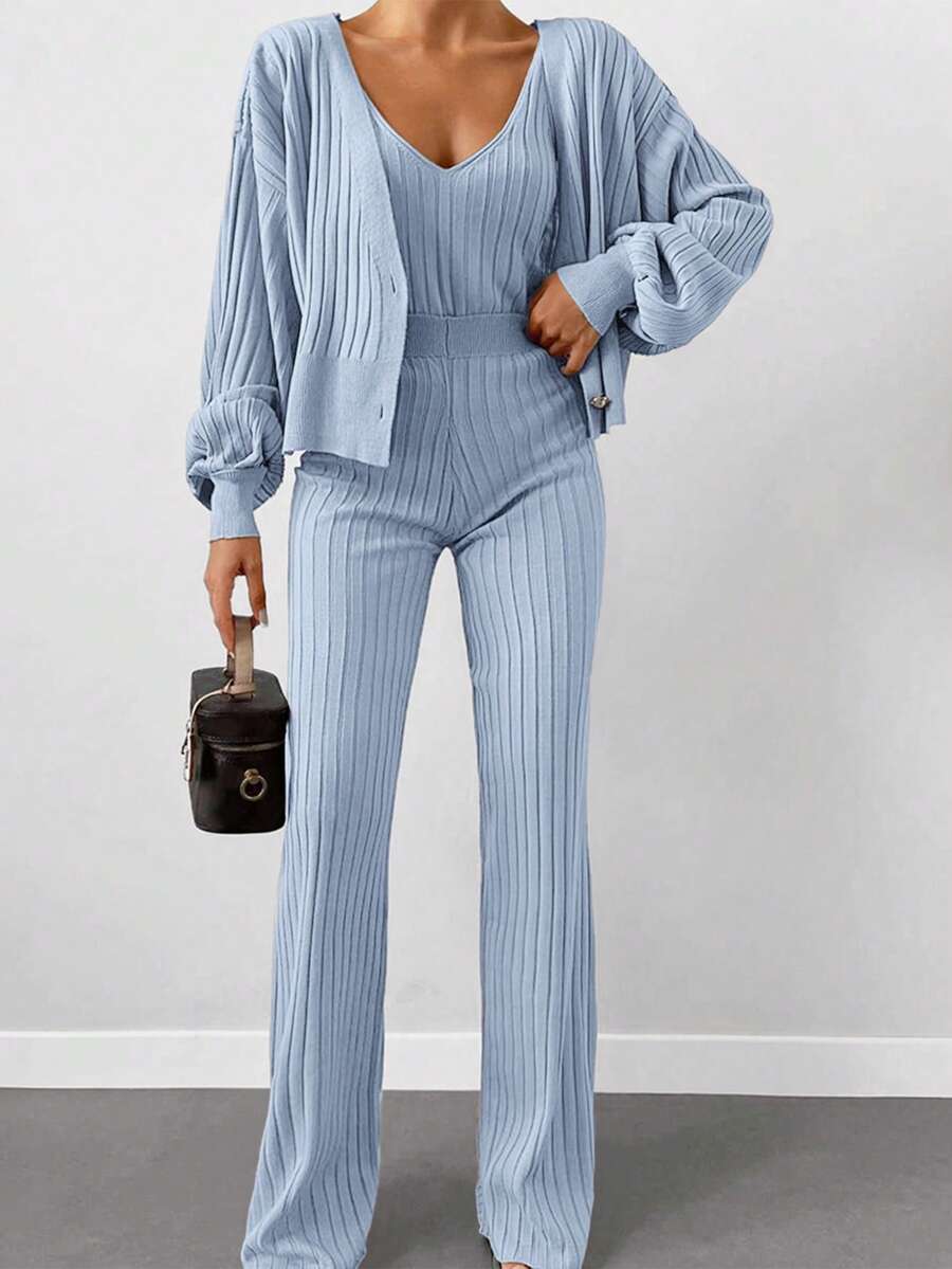 EURMUSE 女式休闲简约纯色针织背心、开衫和裤子三件套，秋冬