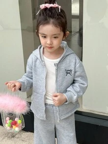 SHEIN Bộ áo hoodie và quần dài thêu chữ đơn giản cho bé gái - Xám - Xem 3