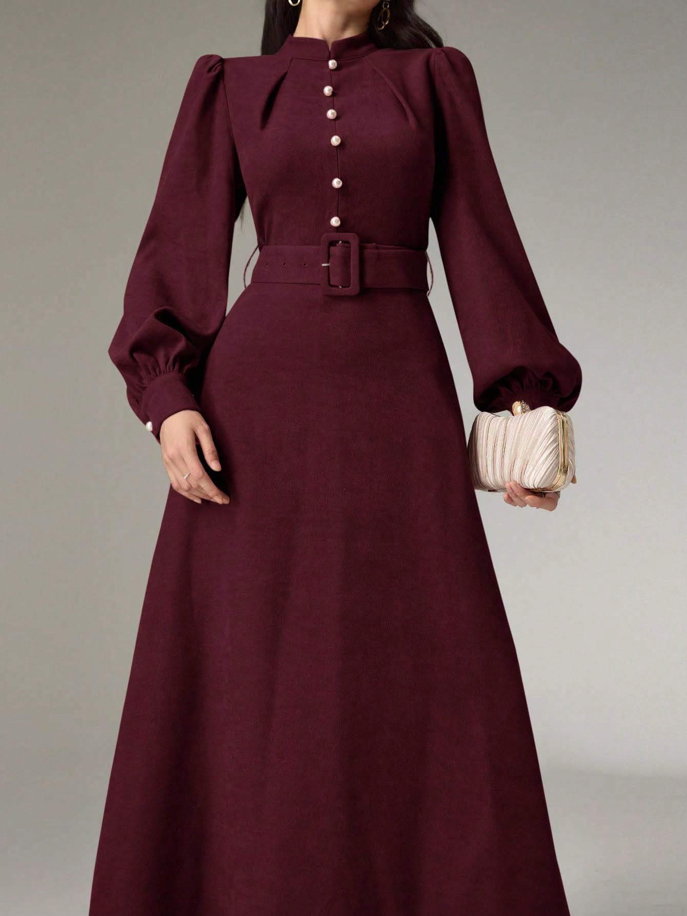 فستان أنيق باللون البرجندي للنساء مع أكمام فانوس و...