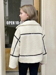 SHEIN Serisse Kids Giacca oversize in pile teddy con colletto e bordi a contrasto, stile casual da strada per ragazze pre-adolescenti, adatta per l'autunno/inverno - Bianco - Visualizzare 2