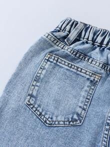 女童休闲做旧刺绣直筒牛仔裤 - 淺色水洗藍 - 查看 4