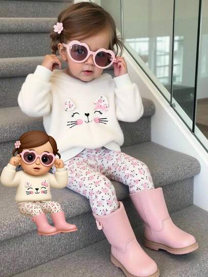 SHEIN Playful Pals 2 件套女婴秋冬新款毛绒连帽帽，带猫耳刺绣和蝴蝶结，碎花运动衫和紧身裤休闲装套装