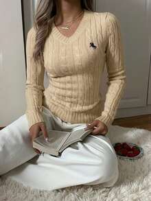 SHEIN EZwear 女式卡其色V领长袖简约毛衣，休闲日常穿搭，长袖上衣，秋冬校园上衣 - 卡其色 - 查看 3