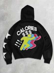 Manfinity EMRG Men's Casual Cartoon Print Hoodie Sweatshirt,Black Autumn Oversized Streetwear Holiday Back-To-School Graphic Y2k Zip Ups Hoodies For Men - Black - View 2
